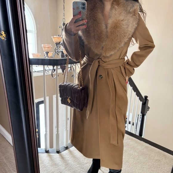 MK Michael Kors belted Woolf face fur collar coat camel brown xs classic beauty - Picture 6 of 12